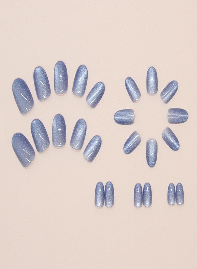 TOGZOM Blue Press on Nails Short Oval Fake Nails Ombre Bling Glitter Acrylic False Nails Shiny Glossy Glue on Nails Short Almond Nails Kit for Women Manicure Art 24 Pcs - Image 2